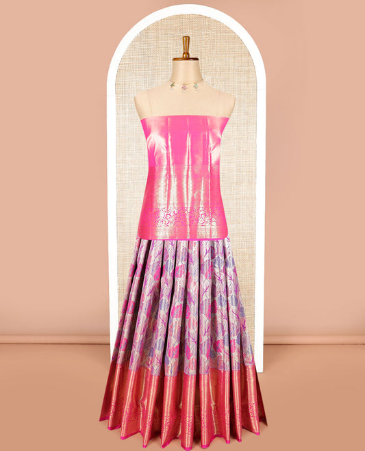 Pink leaf design art sillk saree with contrast border of intricate zari designs, zari design blouse & floral design dhavani