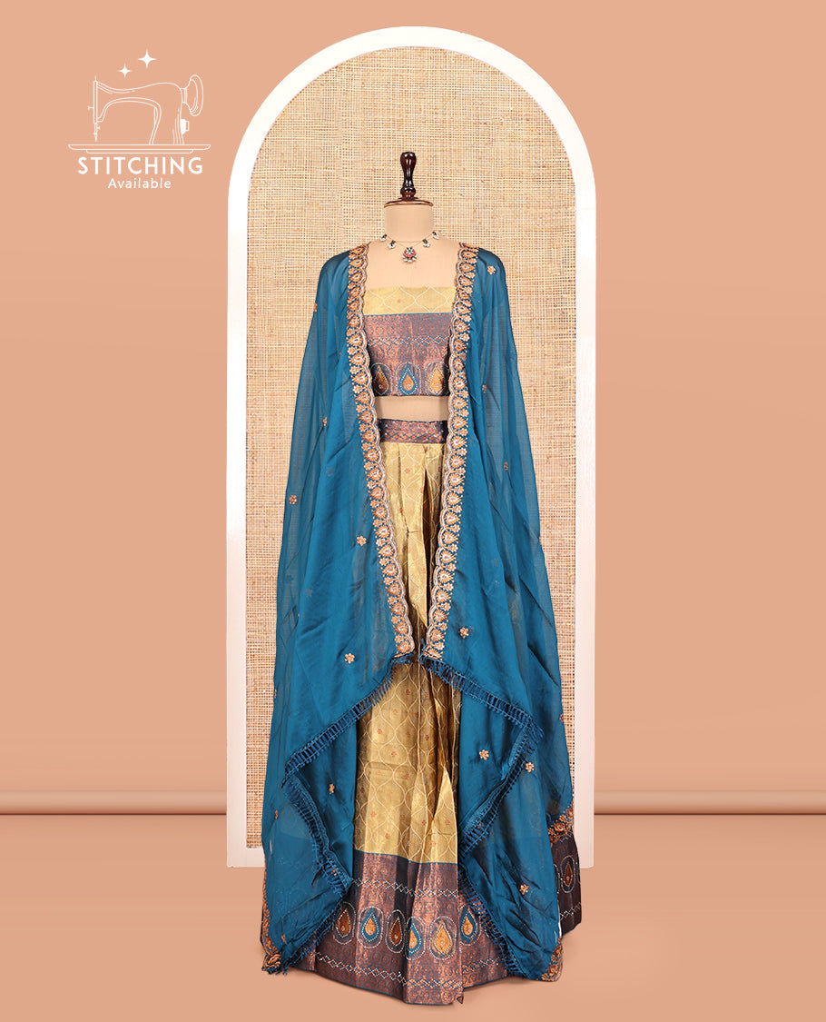 Gold-Blue Banarasi Half-Saree, Bedecked with Butta Enclosed Ogee Design, a Contrast Traditional Zari Stone Work Border, a Matching Blouse, and a Contrast Embroidered Dhavani