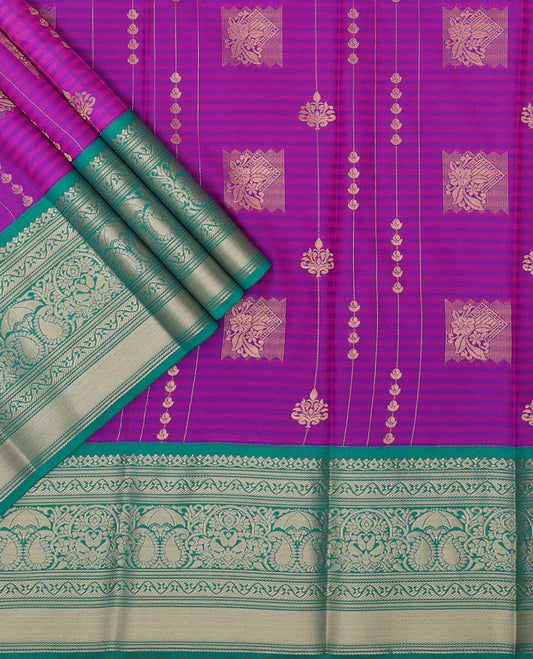 Purple floral design art silk pavadai material with contrast traditional zari design border & floral zari design blouse
