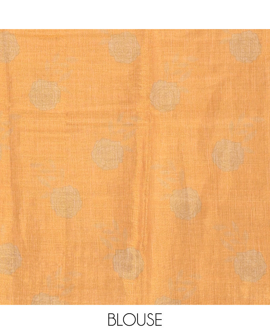 Gold and yellow rose motifs printed with mirror work tissue saree, scallop embroidered border, printed pallu, and a contrast blouse