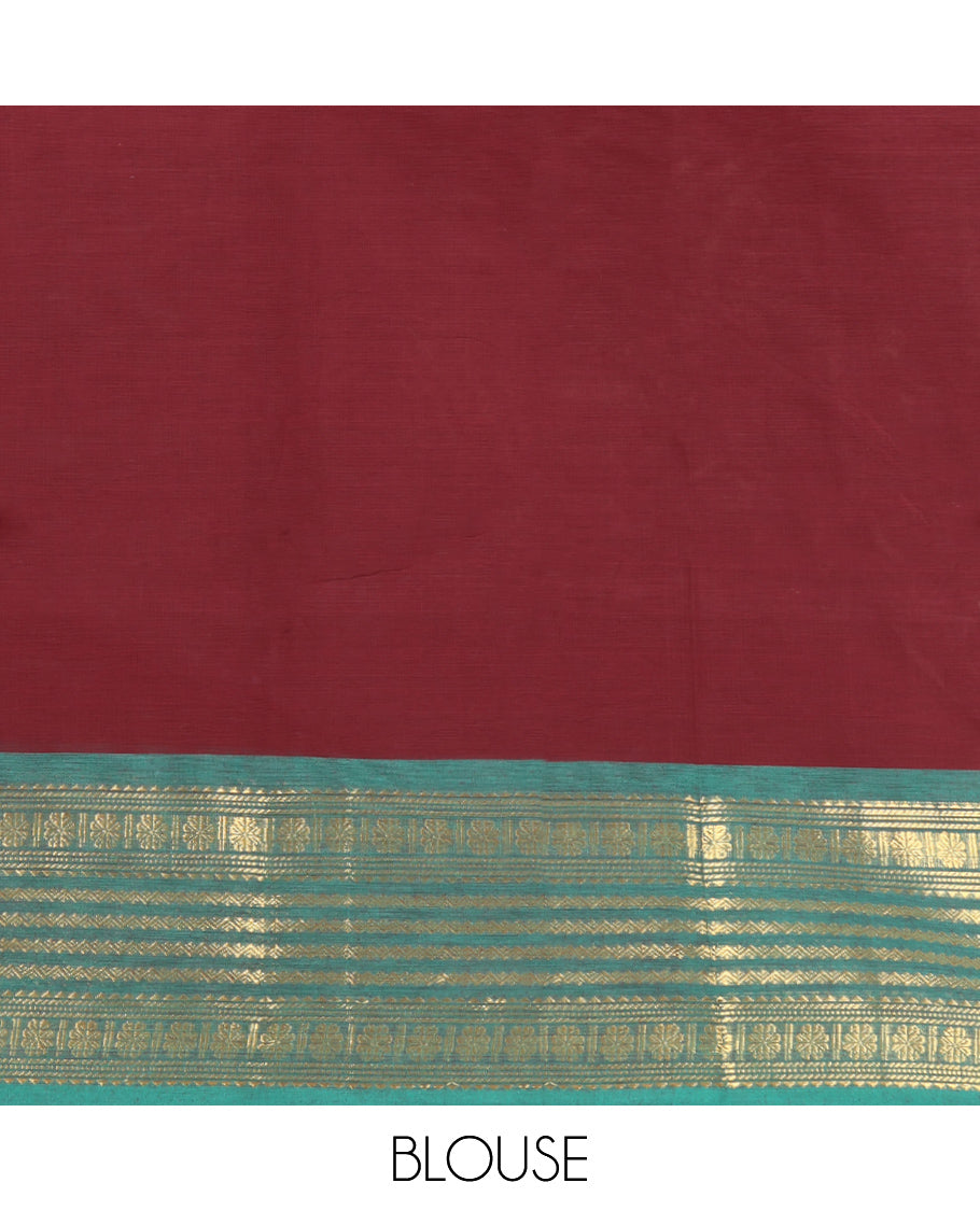 Maroon Plain Chettinad Cotton Saree, Complemented by Contrast Traditional Zari Design Border, Striped Pallu, and Paired with Matching Blouse
