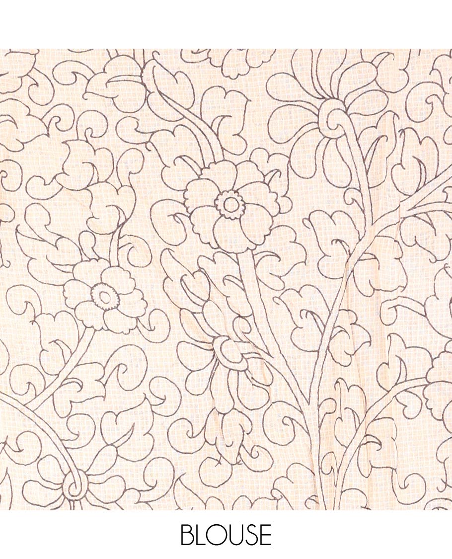 Black Machine-Printed Kalamkari Cotton Saree Features Flora-Fauna Motifs, a Piping Border, Pallu of Peacock Motifs, and a Matching Blouse