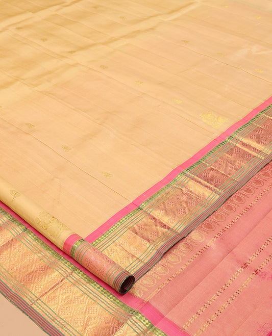 Sandal Kanchipuram Silk Saree, Subtly Woven with Zari Buttas, Complemented by a Contrast Border of Panner Sombu, Banaras, Muthu, and Jaal Design, Zari Design Pallu, and No Blouse