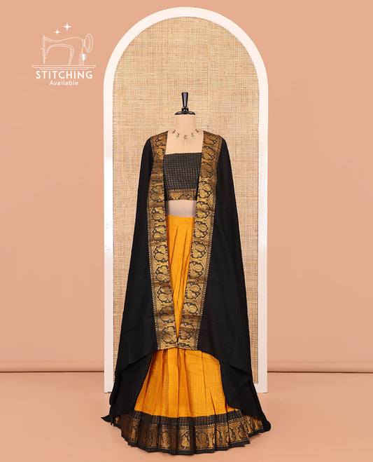 Mustard-Black Sungudi Cotton Half-Saree Set, Elevated with Zari-Checked Skirt, Contrast Peacock Border, Contrast Blouse, and Syska Georgette Dupatta