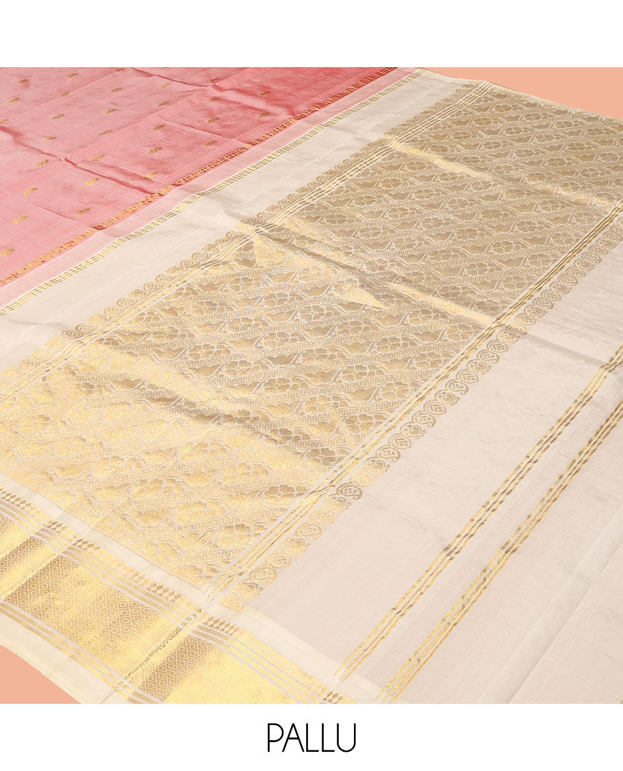 Pink Kanchipuram Silk Saree, Finely Crafted with Zari Buttas, a Contrast One-Sided Border of Panner Sombu, Banaras, and Jaal Designs, a Zari Design Pallu, and No Blouse