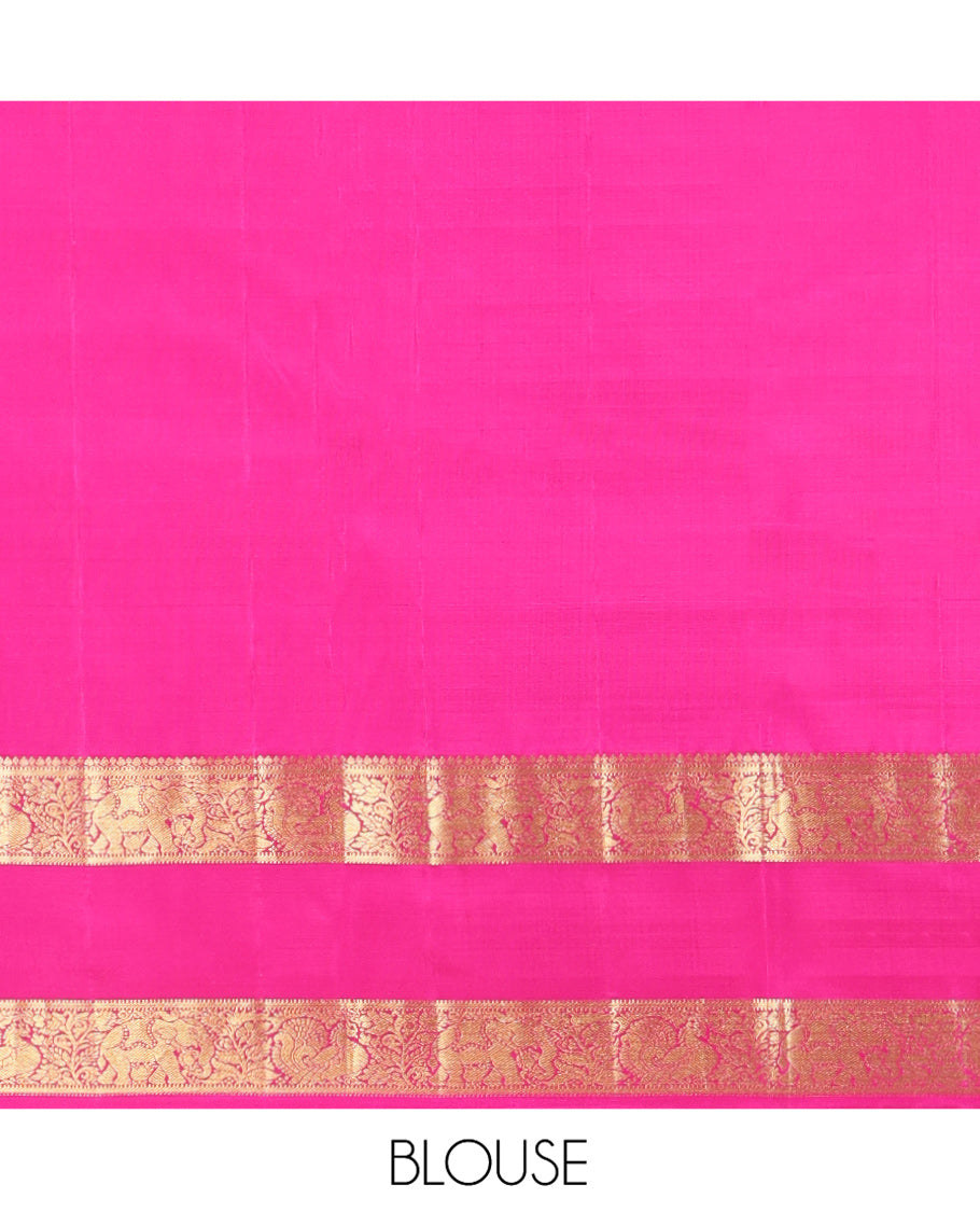 Pink Vasundhara Silk Saree, Subtly Enriched with Zari Buttas All Over Its Body, Complemented by a Contrast Rettai Pettu Border of Kodi Visiry Designs, Grand Geometric Design Pallu, and Paired with a Contrast Blouse