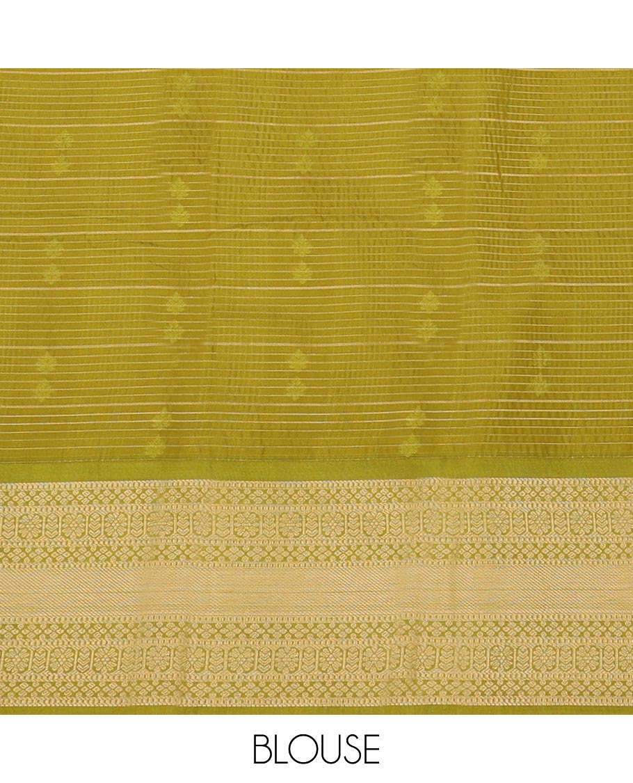 Peach Art Silk Pavadai Material Set Featuring Zari Butta Enclosed Checks Skirt, Complemented by a Contrast Traditional Zari Motifs Woven Border, and Paired with a Contrast Blouse