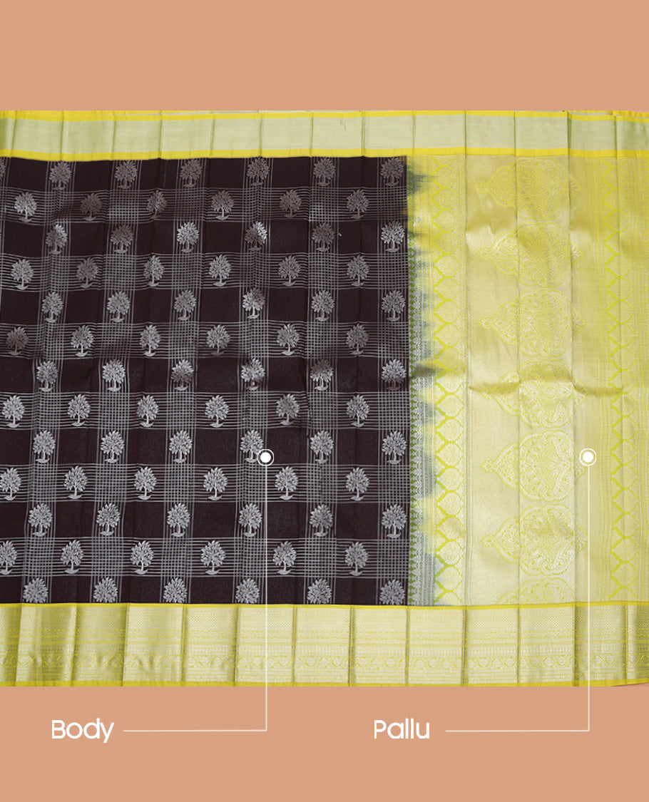Brown Budget Silk Saree, Elevated with Zari Butta Enclosed Checks On Its Body, Complemented by Contrast Traditional Zari Designs, Grand Pallu, and Paired with a Contrast Blouse