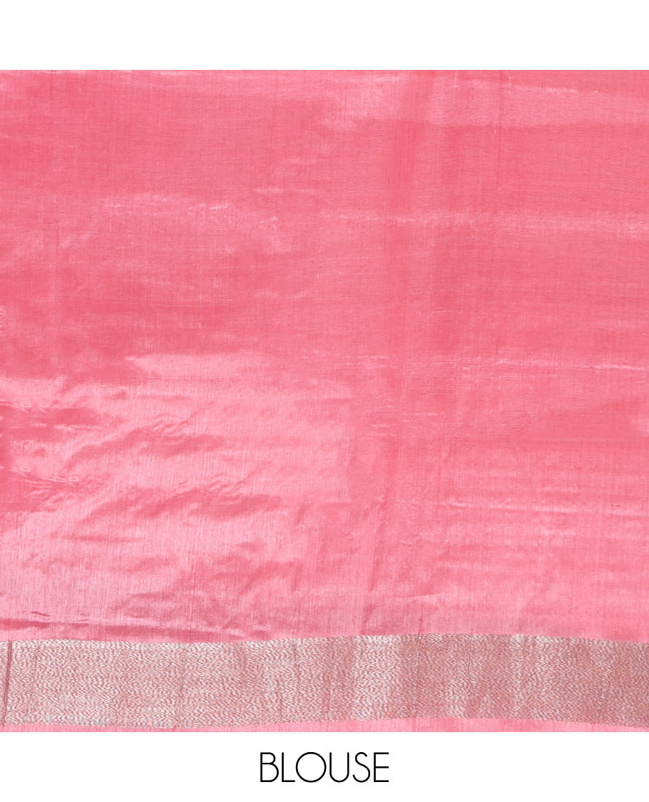 Borderless Pink Tusser Silk Saree, Embellished with Zari Stripes and Temple Design, a Grand Jaal Pallu, and a Matching Blouse