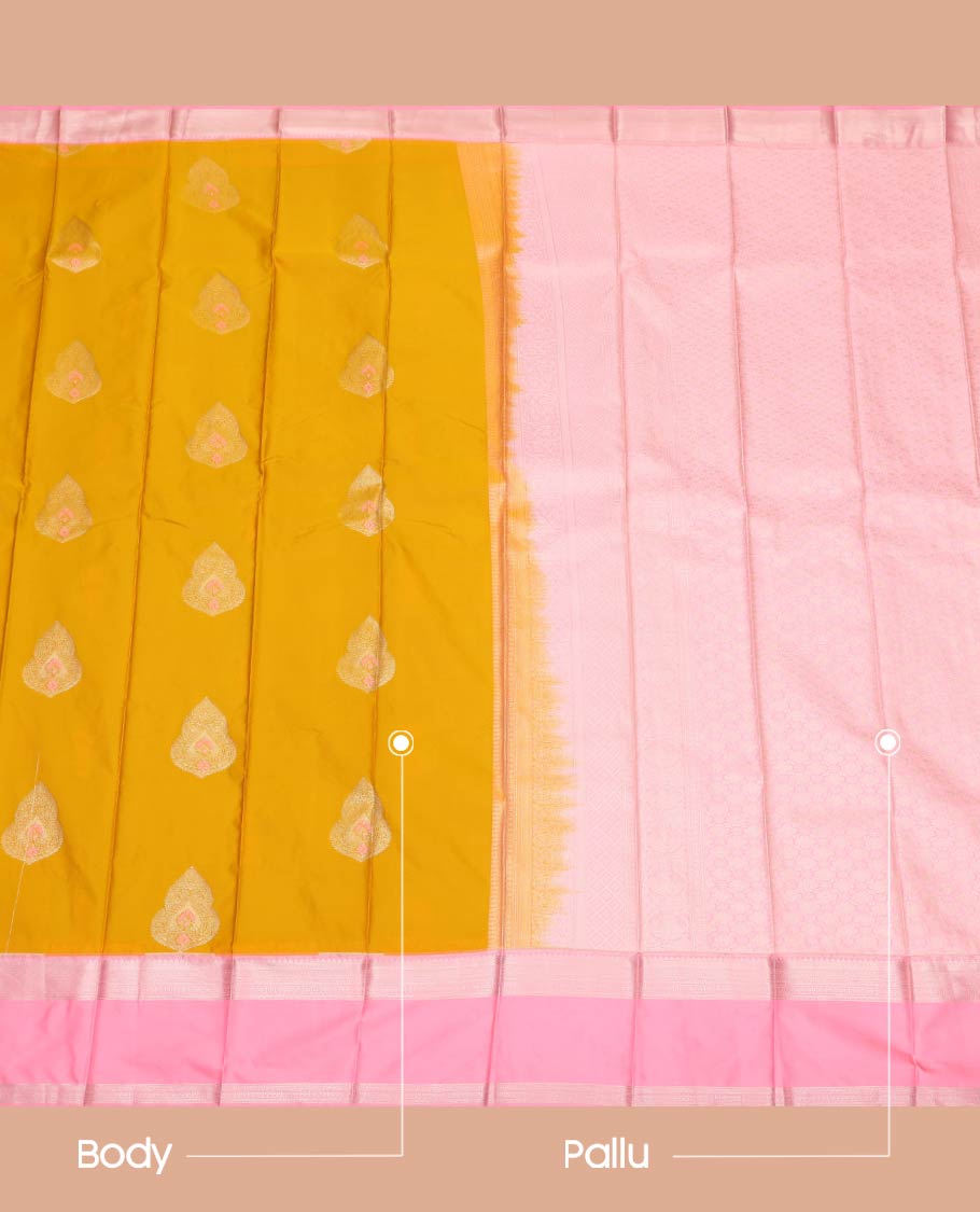 Yellow Budget Silk Saree, Sparsely Woven with Zari Buttas All Over Its Body, Complemented by a Contrast Traditional Zari Design Rettai Pettu Border, Intricately Designed Pallu, and Paired with a Contrast Blouse
