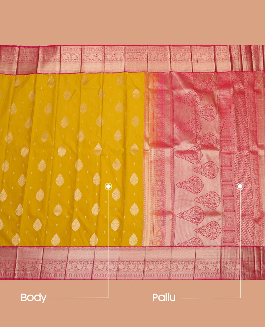 Yellow Budget Silk Saree, Spotlighted with Zari Buttas on Its Body, Complemented by a Contrast Traditional Zari Design Border, Intricately Designed Pallu, and Paired with a Contrast Blouse