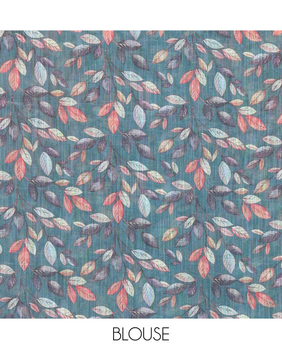 Blue plain linen cotton saree, mordern art style elephant motifs printed border, elephant printed pallu, and a leaf printed blouse