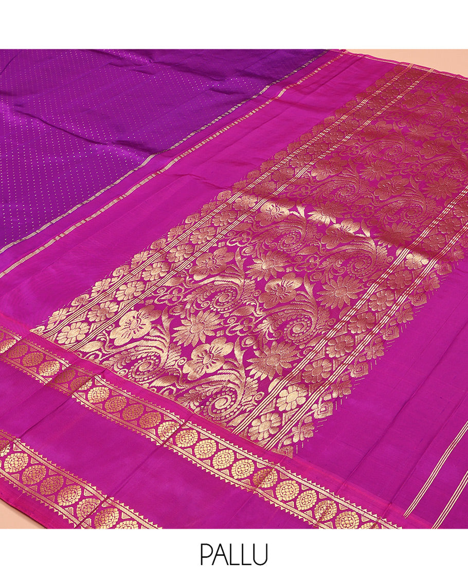 Purple Kanchipuram Silk Saree, Steeped with Zari Buttas, Complemented by a Contrast One-Sided Border of Rekku, and Chakram Designs, Floral Design Pallu, and No Blouse