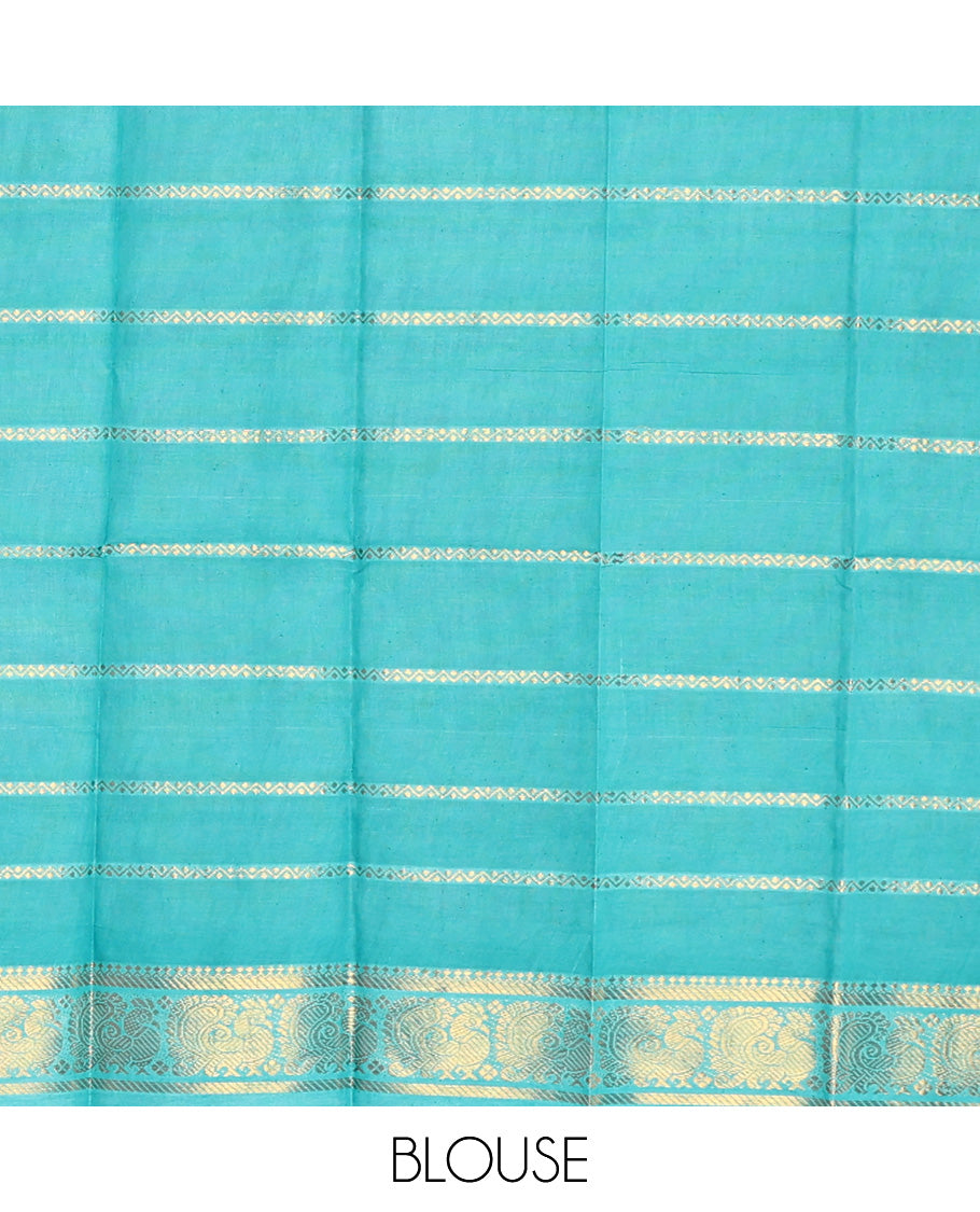 Navy Blue Sungudi Cotton Saree, Beautifully Bedecked with Zari Checks on Its Body, Complemented by a Contrast Traditional Zari Border of Peacocks, Zari-Striped Pallu, and Paired with a Contrast Blouse