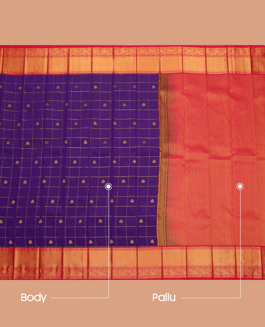 Violet Budget Silk Saree, Bedecked with Zari Buttas and Checks, Complemented by a Contrast Traditional Zari Border, Grand Pallu, and Contrast Blouse