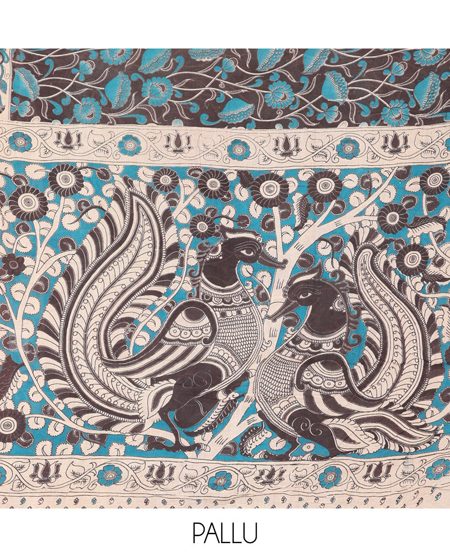 Black Kalamkari Cotton Saree, Impeccably Styled with Floral Vine Print, Contrast Floral Printed Border, Pallu of Peacock Motifs, and a Matching Blouse