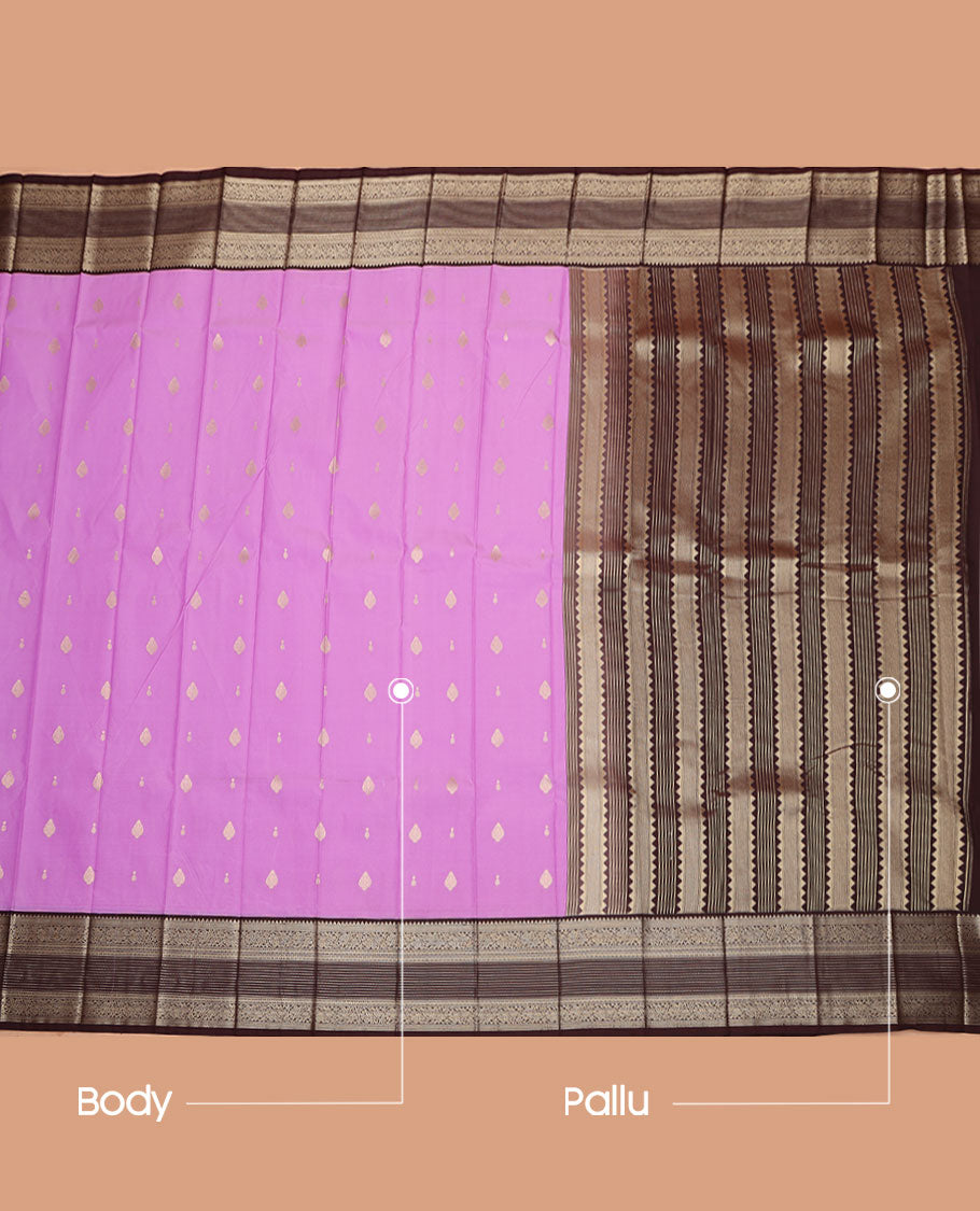 Pink Budget Silk Saree, Subtly Enriched with Zari Buttas on Its Body, Complemented by a Contrast Traditional Zari Design Border, Geometric-Patterned Pallu, and Paired with a Contrast Blouse