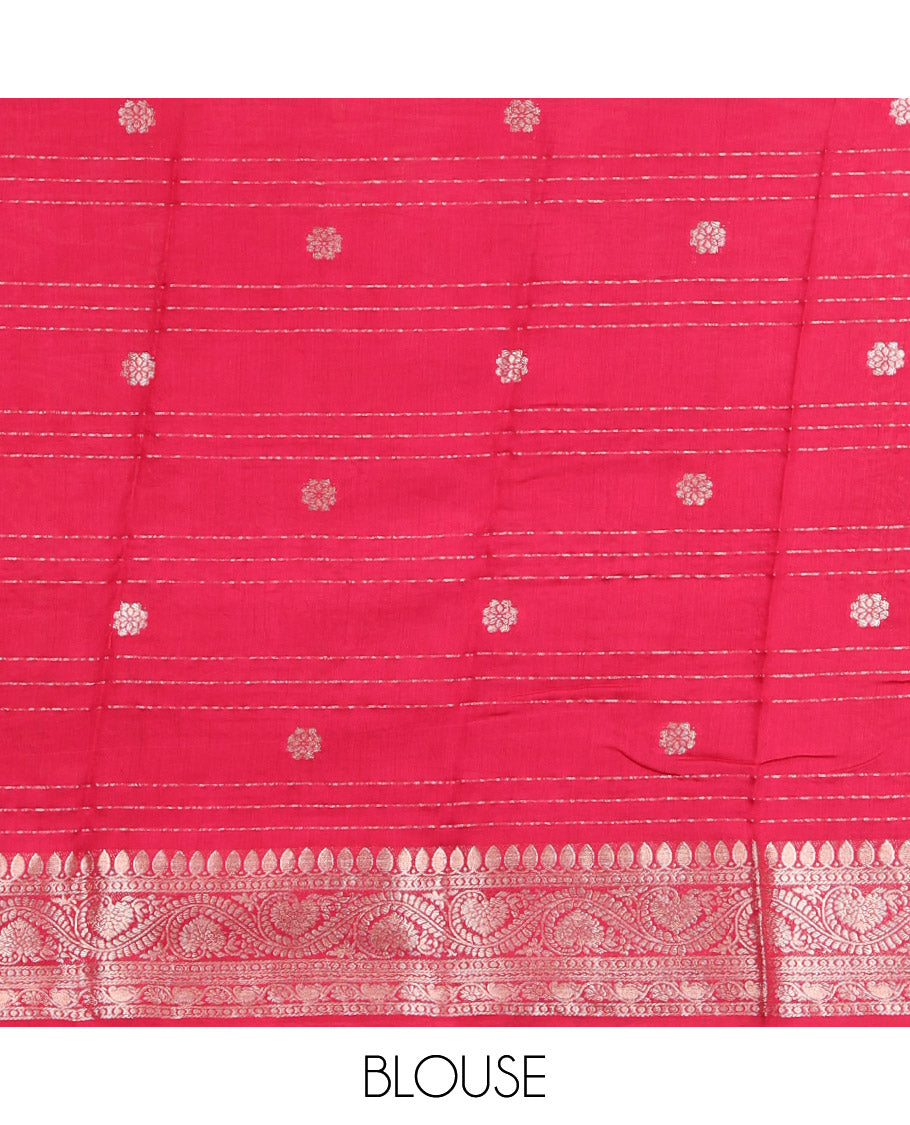 Purple Assam Silk Saree, Elevated with Zari Buttas and Stripes, Complemented by Contrast Floral Creeper Zari Border,  Zari Woven Pallu, and Contrast Blouse