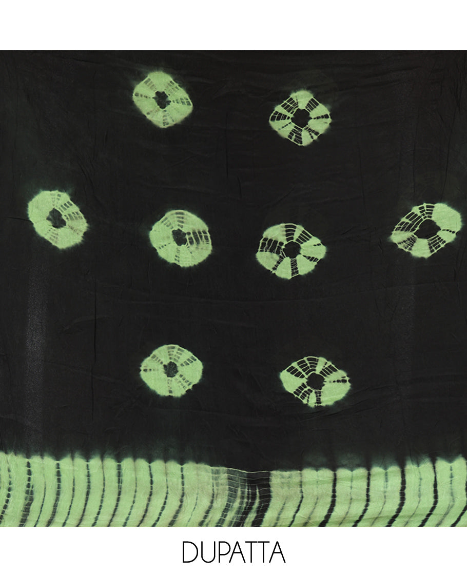 Black and Green Material Chudidar Set , Elevated with Shibori Printed Viscose Georgette Top, a Contrast Plain Bottom, Paired with Shibori Printed Dupatta