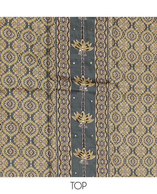 Grey Material Chudidar Set, Artfully Detailed with Ajrakh Printed Cotton Top, Complemented by Printed Cotton  Bottom, and Paired with Floral Printed Cotton Dupatta