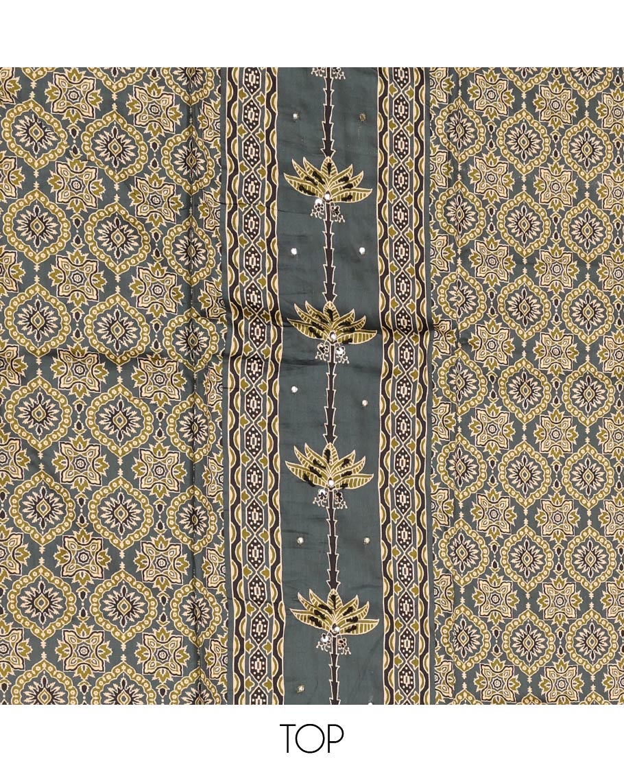 Grey Material Chudidar Set, Artfully Detailed with Ajrakh Printed Cotton Top, Complemented by Printed Cotton  Bottom, and Paired with Floral Printed Cotton Dupatta
