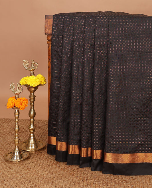 Black zari butta mithra silk saree with zari butta border & chit pallu along with zari checked blouse