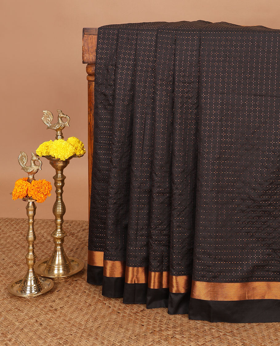 Black zari butta mithra silk saree with zari butta border & chit pallu along with zari checked blouse
