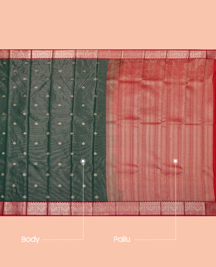 Green Budget Silk Saree, Bedecked with Zari Buttas, Complemented by a Contrast Traditional Zari Border, Geometric Pallu, and a Contrast Blouse
