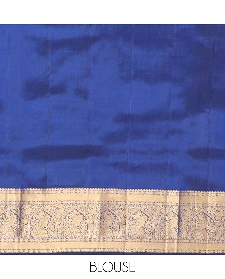 Blue Kanchipuram Wedding Silk Saree, Elegantly Highlighted with Jacquard Design, a Zari Border of Rekku, Muthu, Poun and Mayil Designs, Grand Pallu, and a Matching Blouse