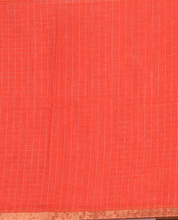 White with orange zari checks linen saree with contrast border and unique designs of pallu along with contrast plain blouse