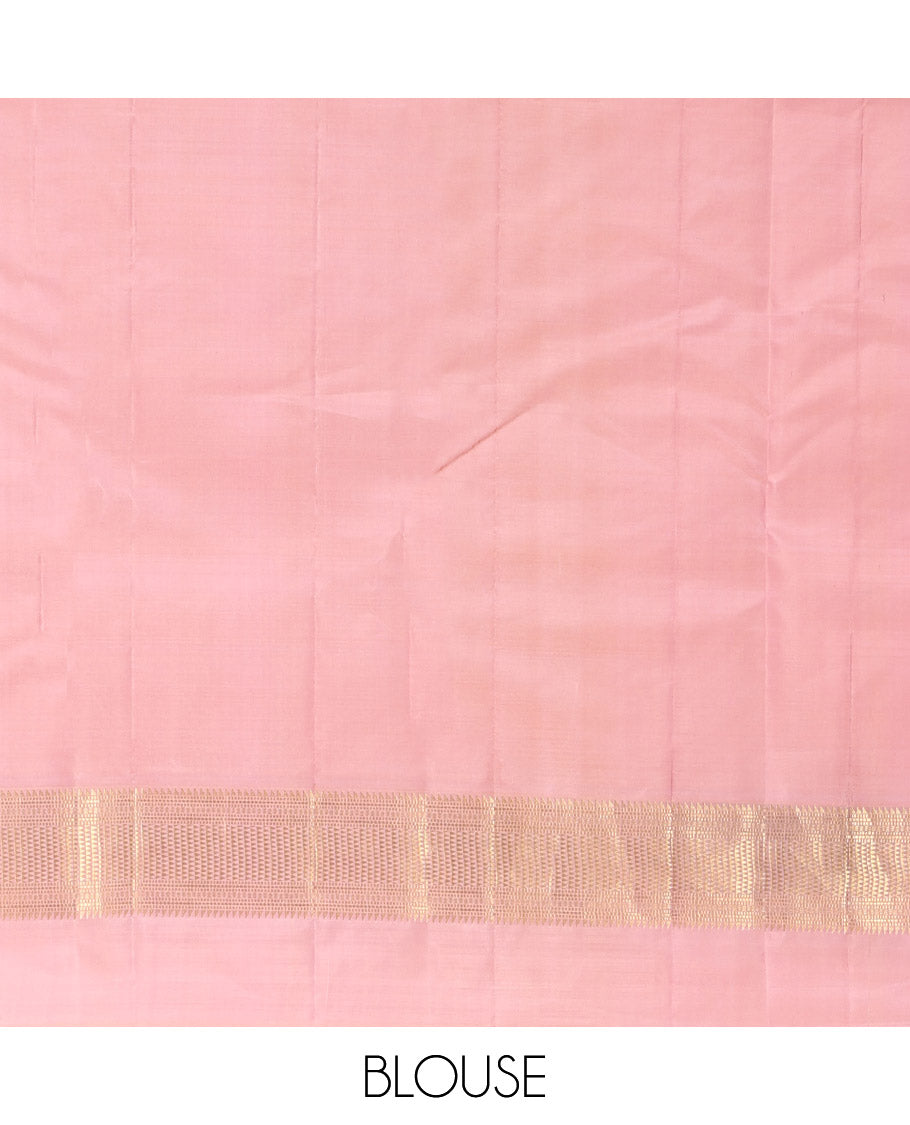 Pink Vasundhara Silk Saree, Bedecked with Zari Buttas and Checks, Complemented by a Contrast Kal Eragina Border of Ara Bogudi, Muthu, and Ara Maadam, Jaal Pallu, and a Contrast Blouse
