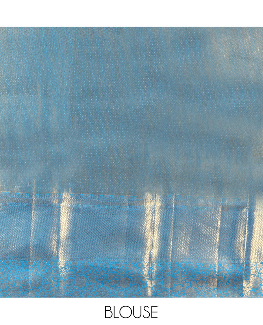 Blue Kanchipuram Silk Saree, Mesmerized with Zari Jacquard Design All Over Its Body, Highlighted by a Zari Border of Thilakam, Muthu, Kathir, Diamond, and Floral Designs, and Pallu of Jaal Designs, and Paired with a Matching Blouse