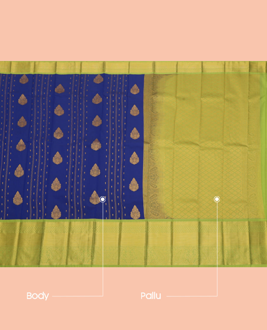Blue Budget Silk Saree, Detailed with Zari Buttas and Stripes, Complemented by a Contrast Traditional Zari Border, Jaal Pallu, and Contrast Blouse