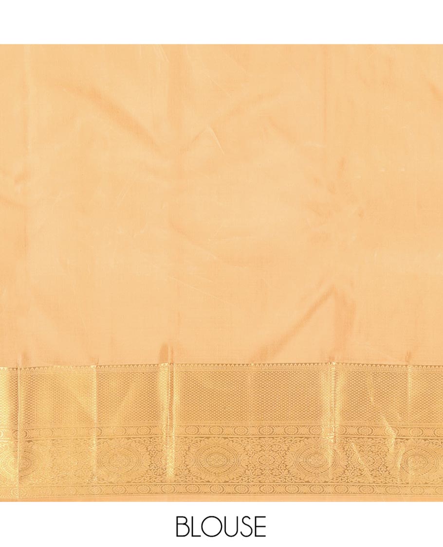 Gold Jacquard Kanchipuram Wedding Silk Saree, Highlighted by a Zari Border of Rekku, Muthu, Mayil Kann, and Chakram, Grand Jaal Pallu, and Matching Blouse