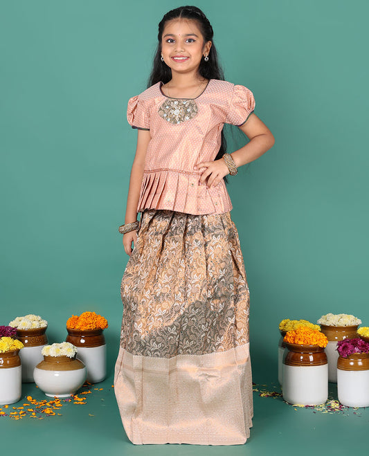 Beige readymade art silk pavadai, floral jacquard & contrast traditional zari border skirt, & jacquard round neck puff-sleeve blouse