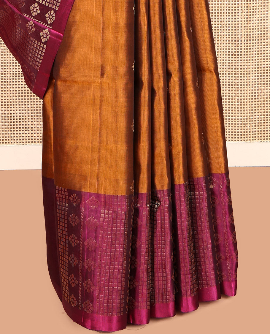 Orange Mayuri Lite Silk Mix Saree, Subtly Sparkled with Zari Buttas, Contrast Floral-Geometric Border, Pallu of Intricate Designs, and a Contrast Blouse