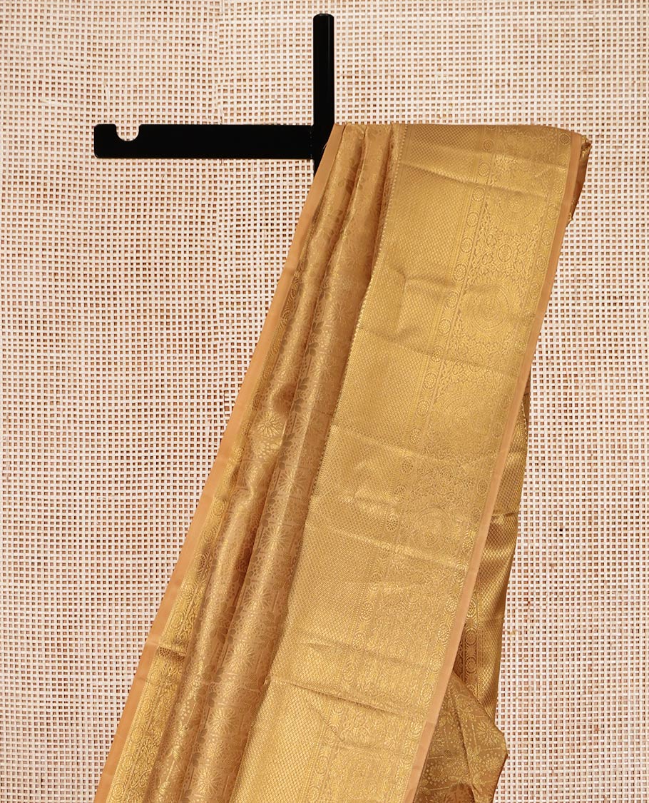 Gold Jacquard Kanchipuram Wedding Silk Saree, Highlighted by a Zari Border of Rekku, Muthu, Mayil Kann, and Chakram, Grand Jaal Pallu, and Matching Blouse