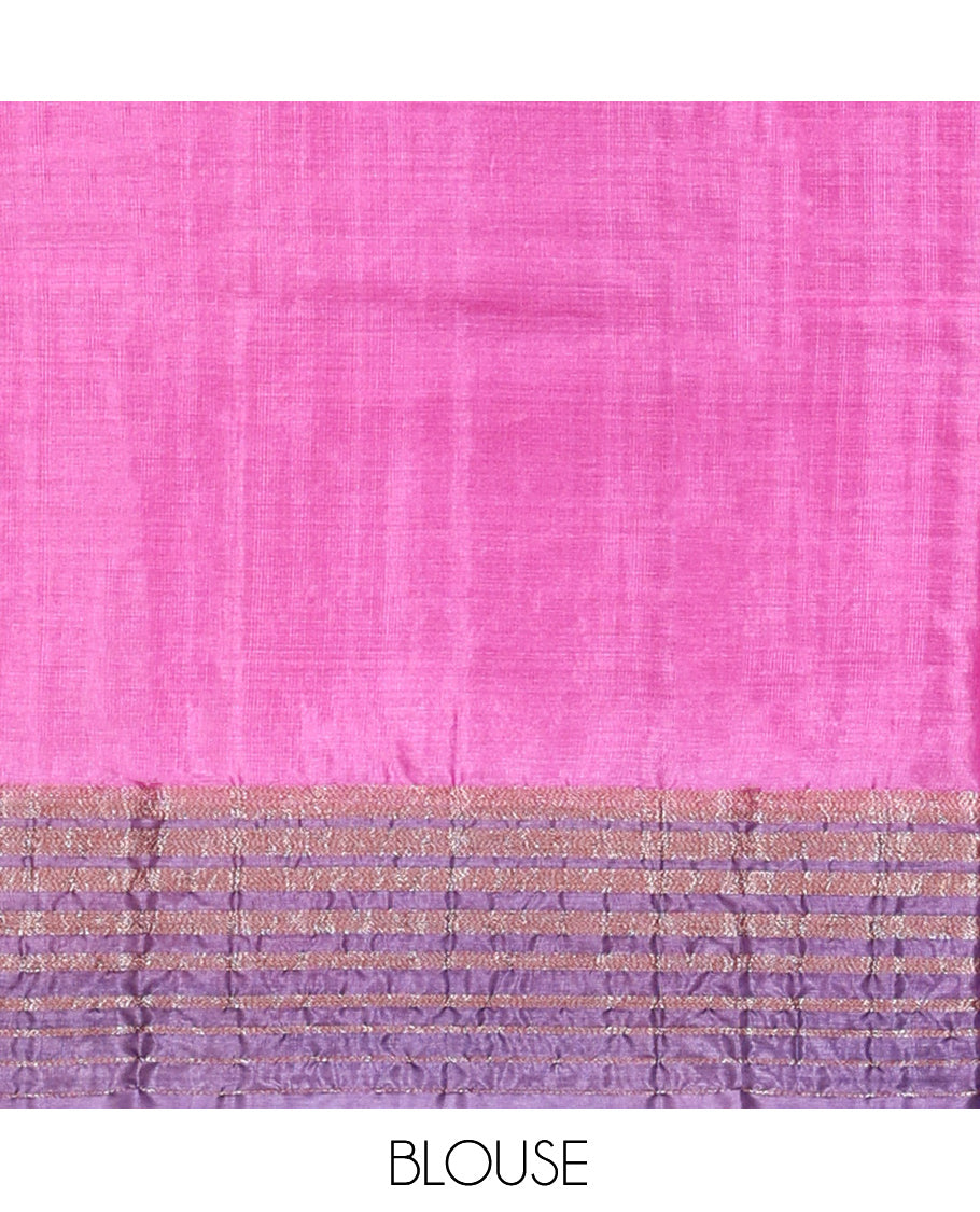 Pink-PurpleTussar Silk Saree, Subtly Sparkled with Zari Buttas, Highlighted by a Zari Border, Floral Design Pallu, and a Matching Blouse