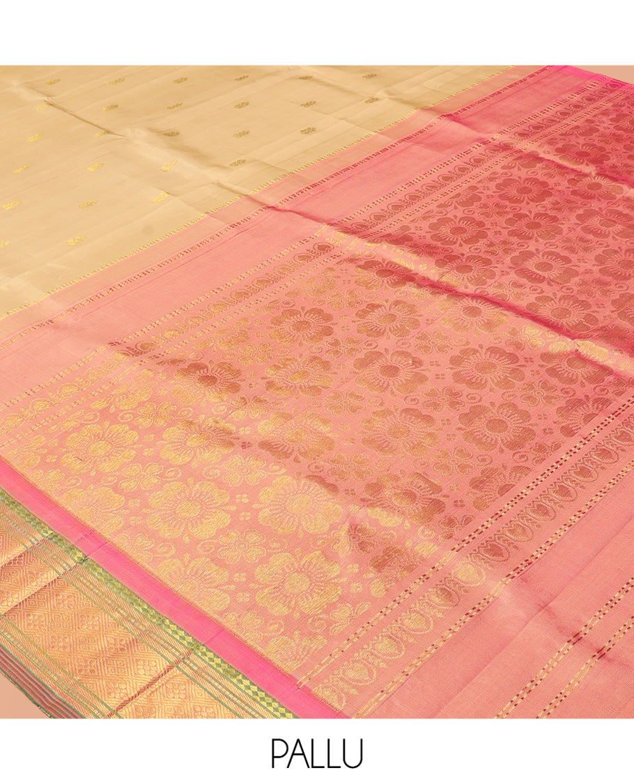 Sandal Kanchipuram Silk Saree, Subtly Woven with Zari Buttas, Complemented by a Contrast Border of Panner Sombu, Banaras, Muthu, and Jaal Design, Zari Design Pallu, and No Blouse