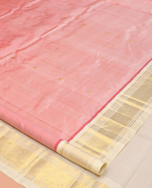 Pink Kanchipuram Silk Saree, Finely Crafted with Zari Buttas, a Contrast One-Sided Border of Panner Sombu, Banaras, and Jaal Designs, a Zari Design Pallu, and No Blouse