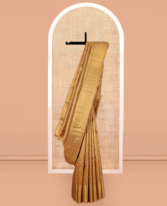 Gold Jacquard Kanchipuram Wedding Silk Saree, Highlighted by a Zari Border of Rekku, Muthu, Mayil Kann, and Chakram, Grand Jaal Pallu, and Matching Blouse