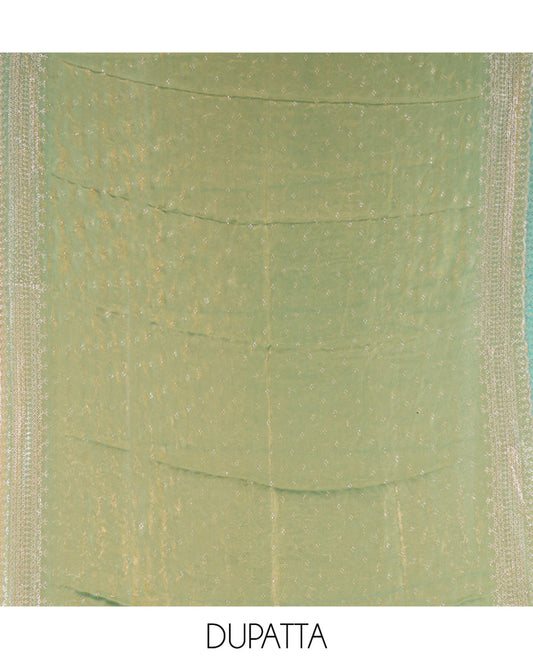Pista Green Fendi Organza Material Chudidar Fetaures Pom-Pom-Neckline Top, Plain Bottom, and Scallop Embroidered Dupatta