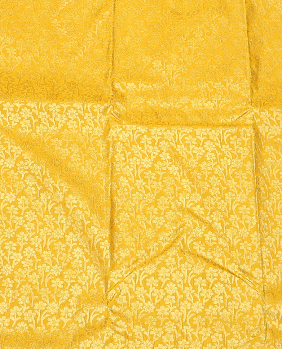 Yellow Art Silk Material Half Saree, Sparsely Sparkled with Jacquard Skirt, a Contrast Traditional Zari Border, Contrast Blouse, and an Intricate Dhavani