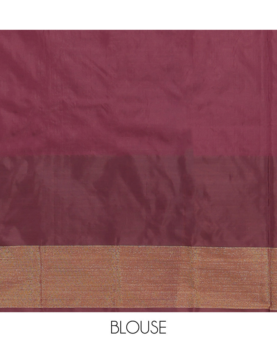 Maroon Aarani Silk Saree, Embellished with Butta Enclosed Checks on Its Body, Highlighted by Zari Border, Pallu of Butta Enclosed Checks, and Paired with a Matching Blouse