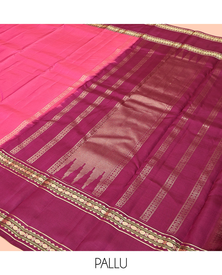 Pink Plain Kanchipuram Silk Saree, Complemented by a Contrast Rettai Pettu Border of Rekku, Muthu, and Poun Designs, Seppu Rekku Pallu, and a Contrast Blouse