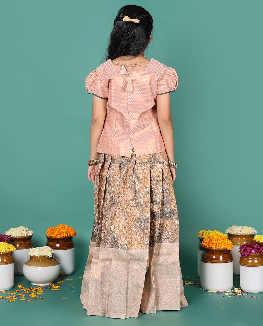 Beige readymade art silk pavadai, floral jacquard & contrast traditional zari border skirt, & jacquard round neck puff-sleeve blouse