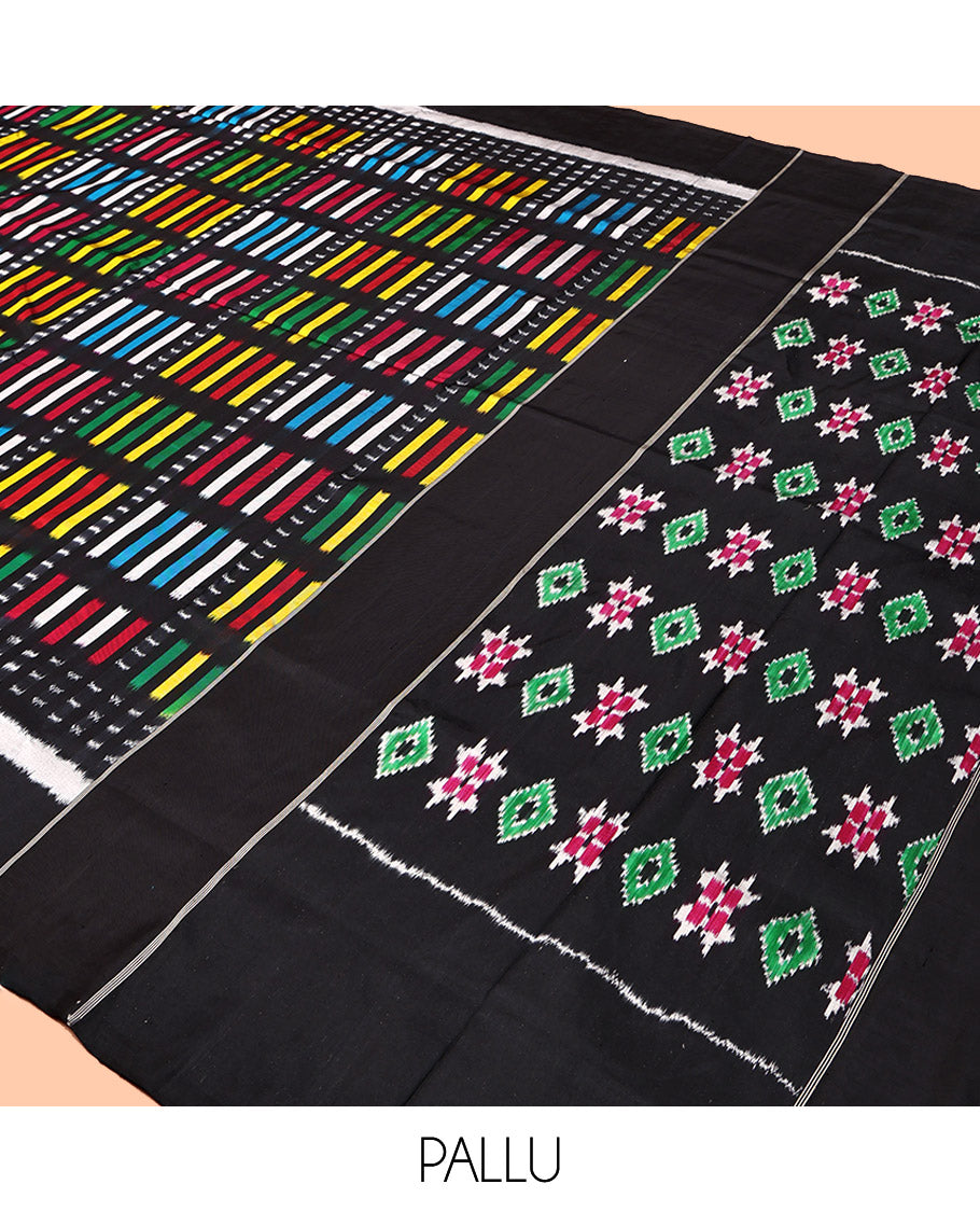Black Pochampally Ikat Saree Features Kaleidoscopic-Colored Ikat Buttas, a Plain Border, Ikat-Style Buttas Pallu, and a Matching Blouse