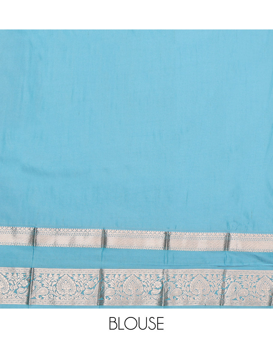 Rust Budget Silk Saree, Elevated with Zari Buttas, Complemented by a Contrast Traditional Zari Rettai Pettu Border, Grand Pallu, and a Contrast Blouse