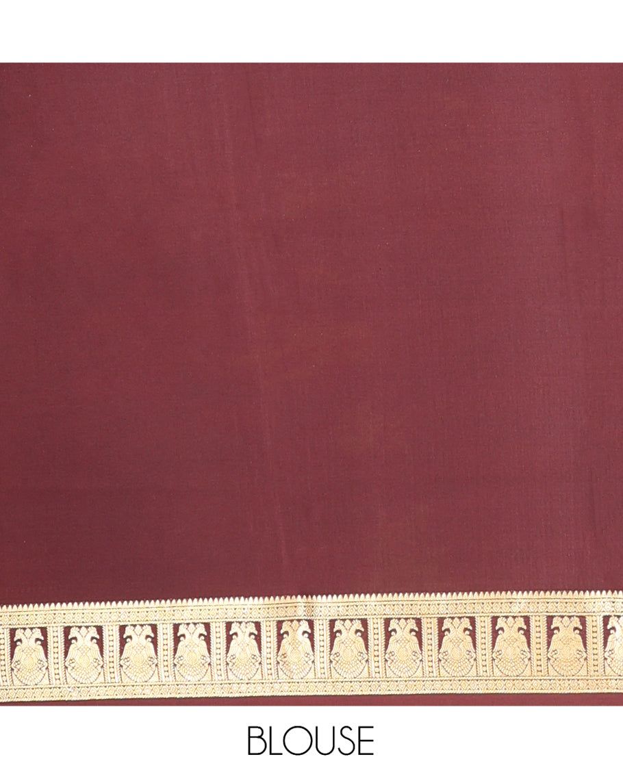 Orange Plain Mysore Silk Saree, Complemented by a Contrast Two-Headed Eagle Zari Border, Zari Design Pallu, and a Contrast Blouse