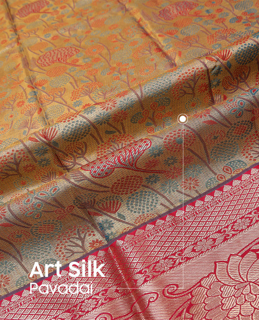 Sandal art silk pavadai material set, floral meenakari jacquard pavadai, contrast blouse & traditional zari border